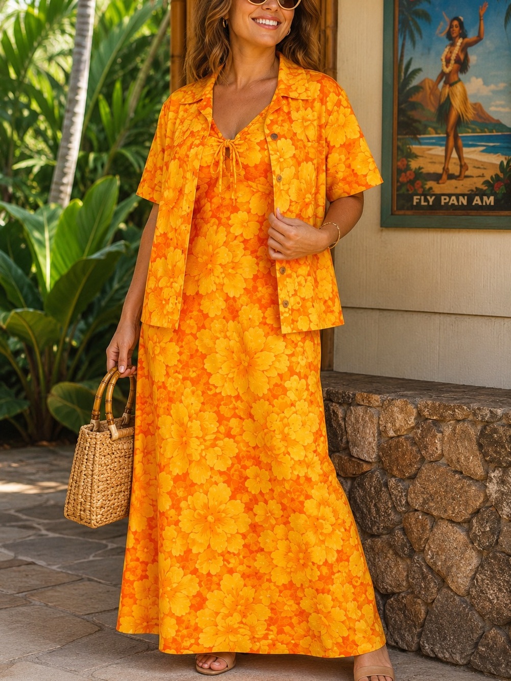 Vintage 70 Hawaiian Maxi Dress Shirt Set Kimi’s King’s Alley Waikiki ILGWU Union